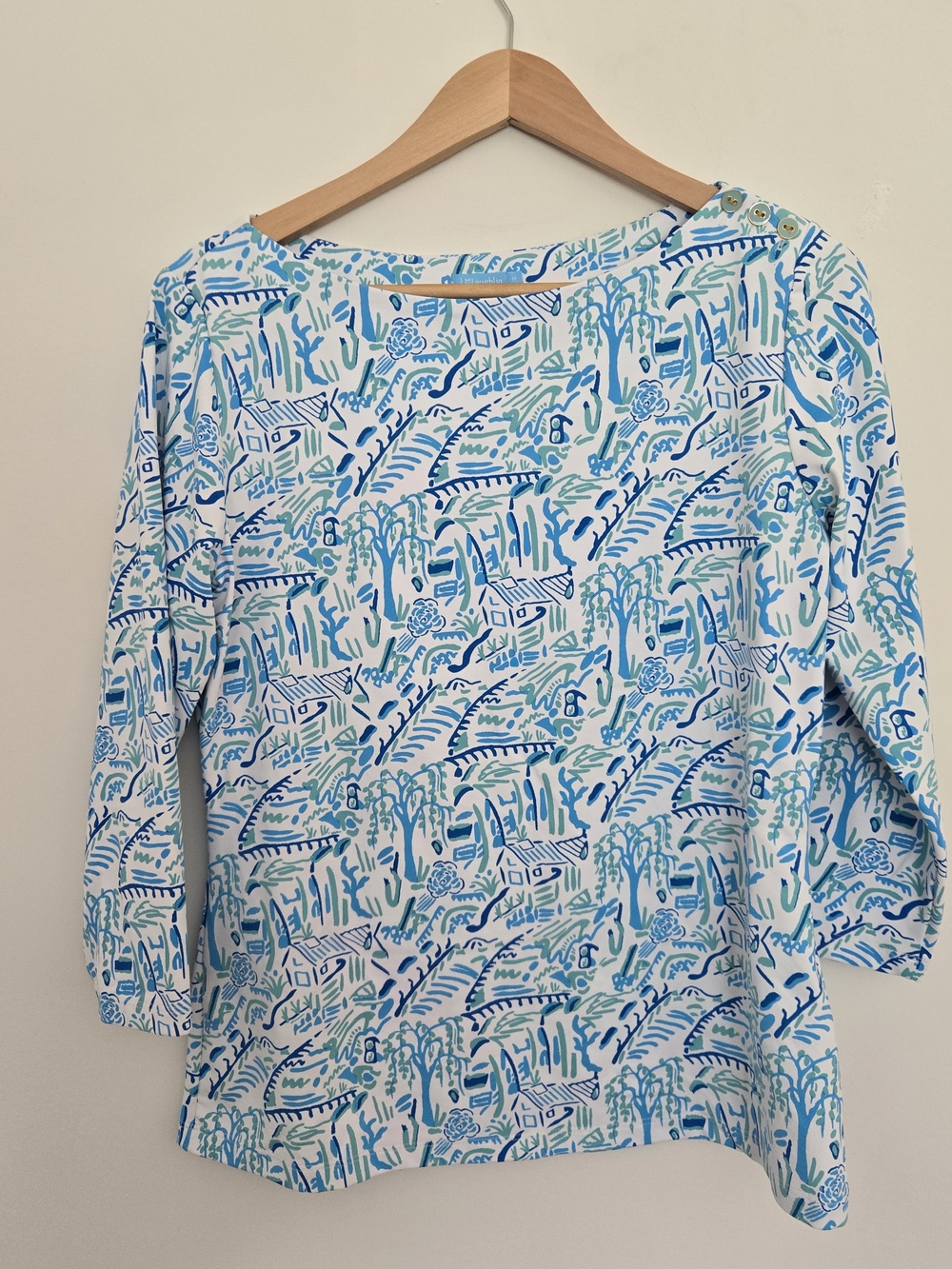 J. McLaughlin Women's Blue & White Printed Boatneck Top Vacation Beach Size M